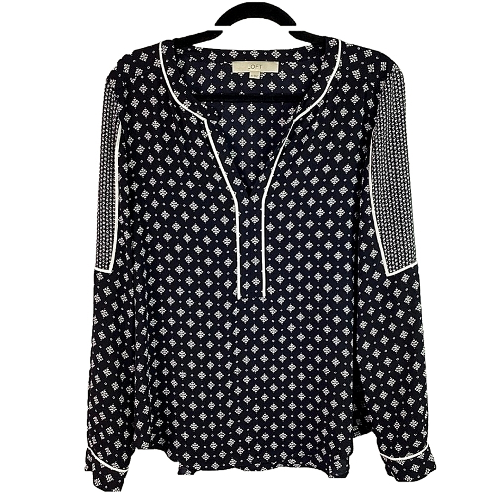 LOFT ANN TAYLOR SIZE M‎ TOP NAVY BLUE WHITE BLOUSE FALL GUC - Picture 3 of 15